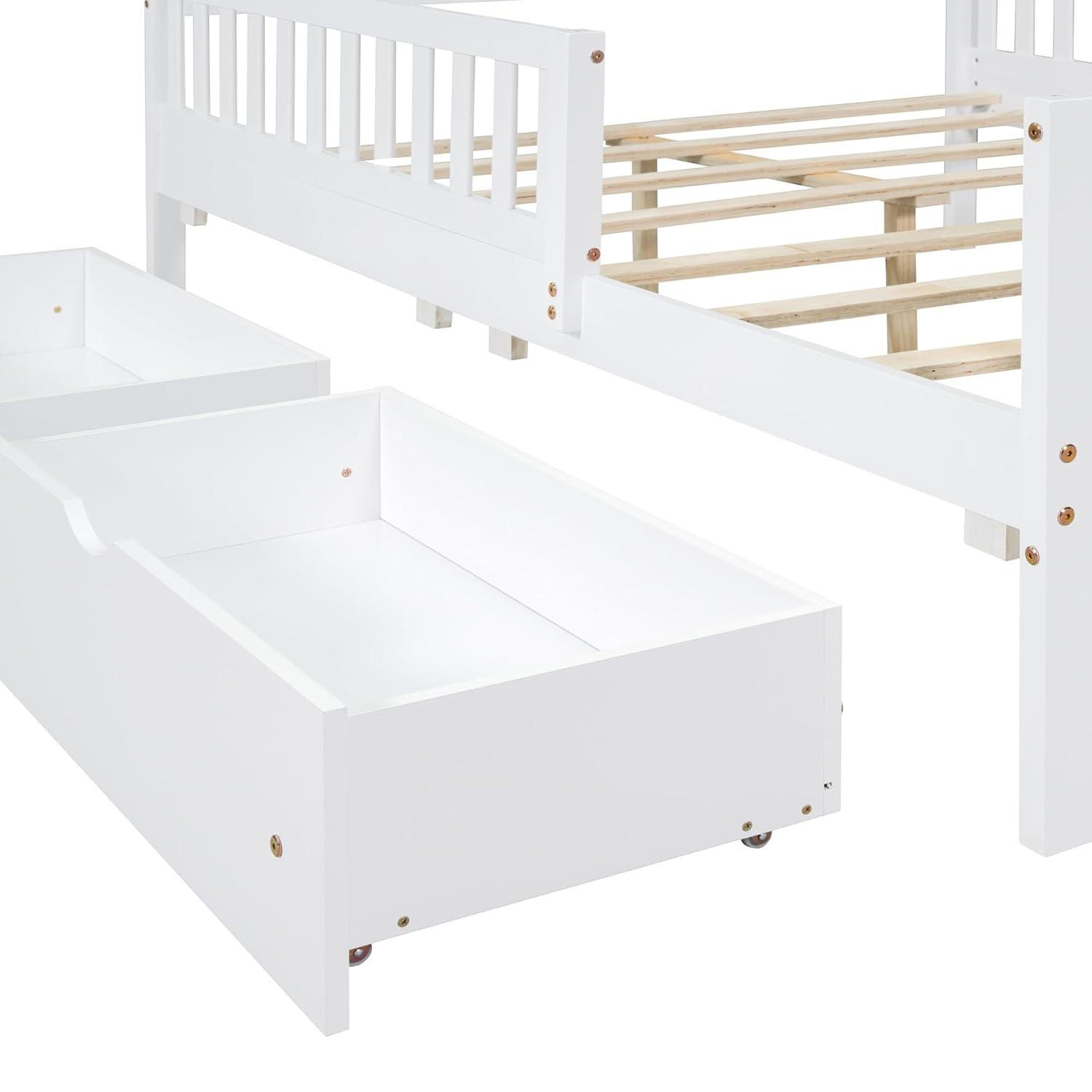 Kids Full Bed with Guardrails, Low Platform Bed with Headboard and Footboard, White Children Bed Frame with 2 Drawers for Boy Girl
