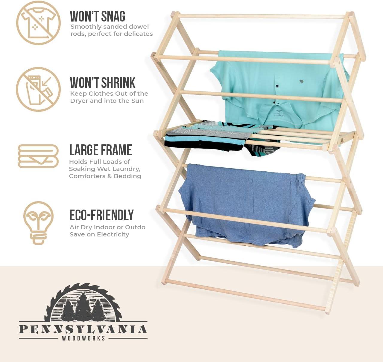 Pennsylvania Woodworks Large Wooden Clothes Drying Rack (Made in the USA) Heavy Duty 100% Hardwood