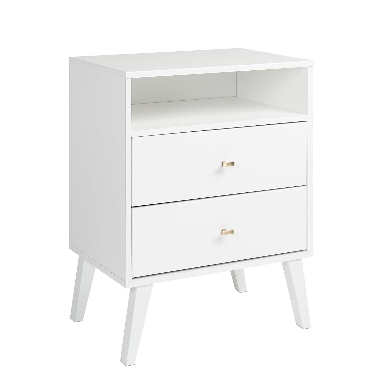 Milo Mid Century Modern 2 Drawer Tall Nightstand: Brass Knobs, Wood Legs - Prepac