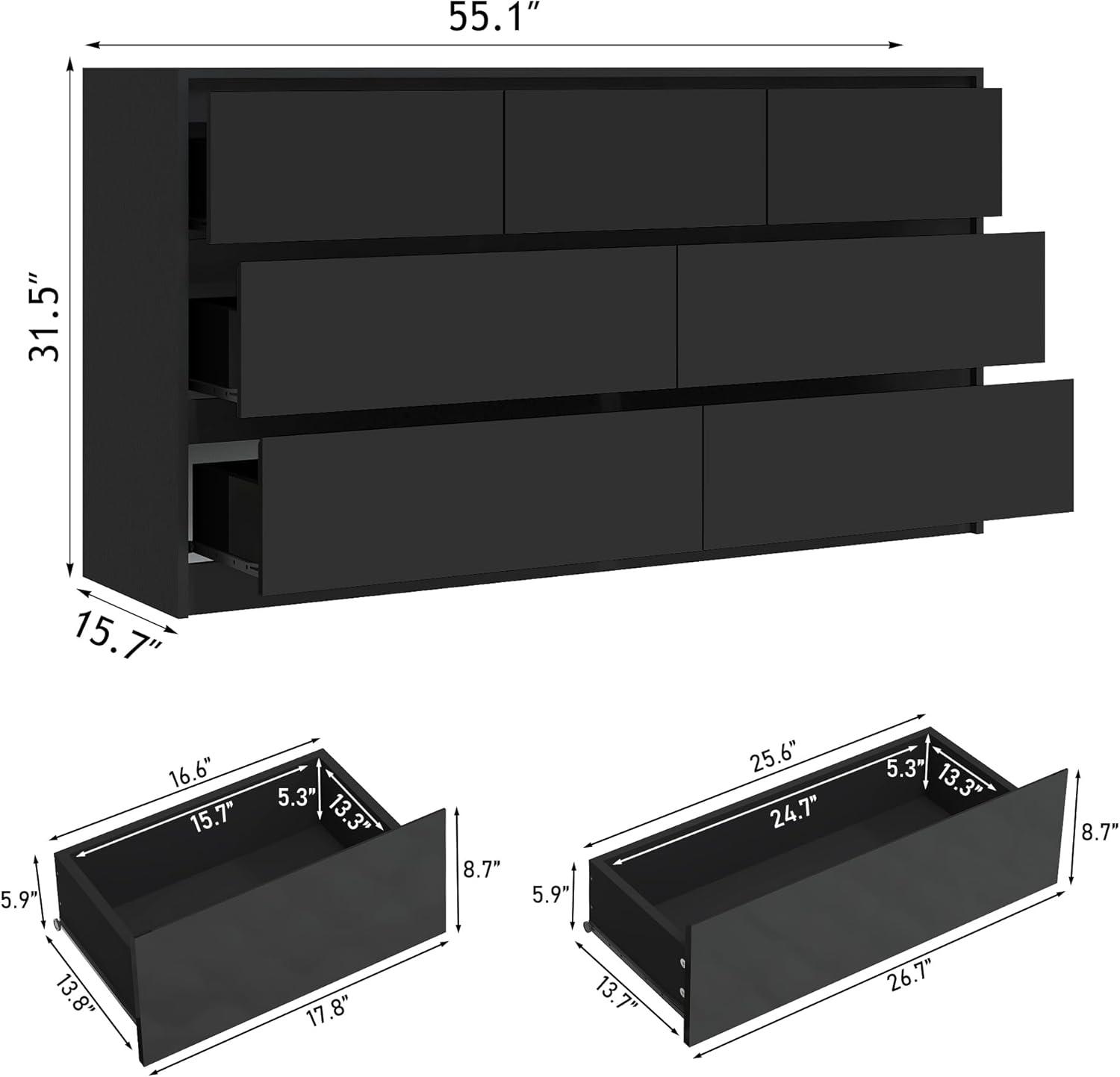 Ebern Designs White Dresser for Bedroom with 7 Drawers, Modern High Gloss Large Dresser with 7 Handle Free Drawers, 55 Inch Wooden Long Dresser, Storage Chest of Drawers