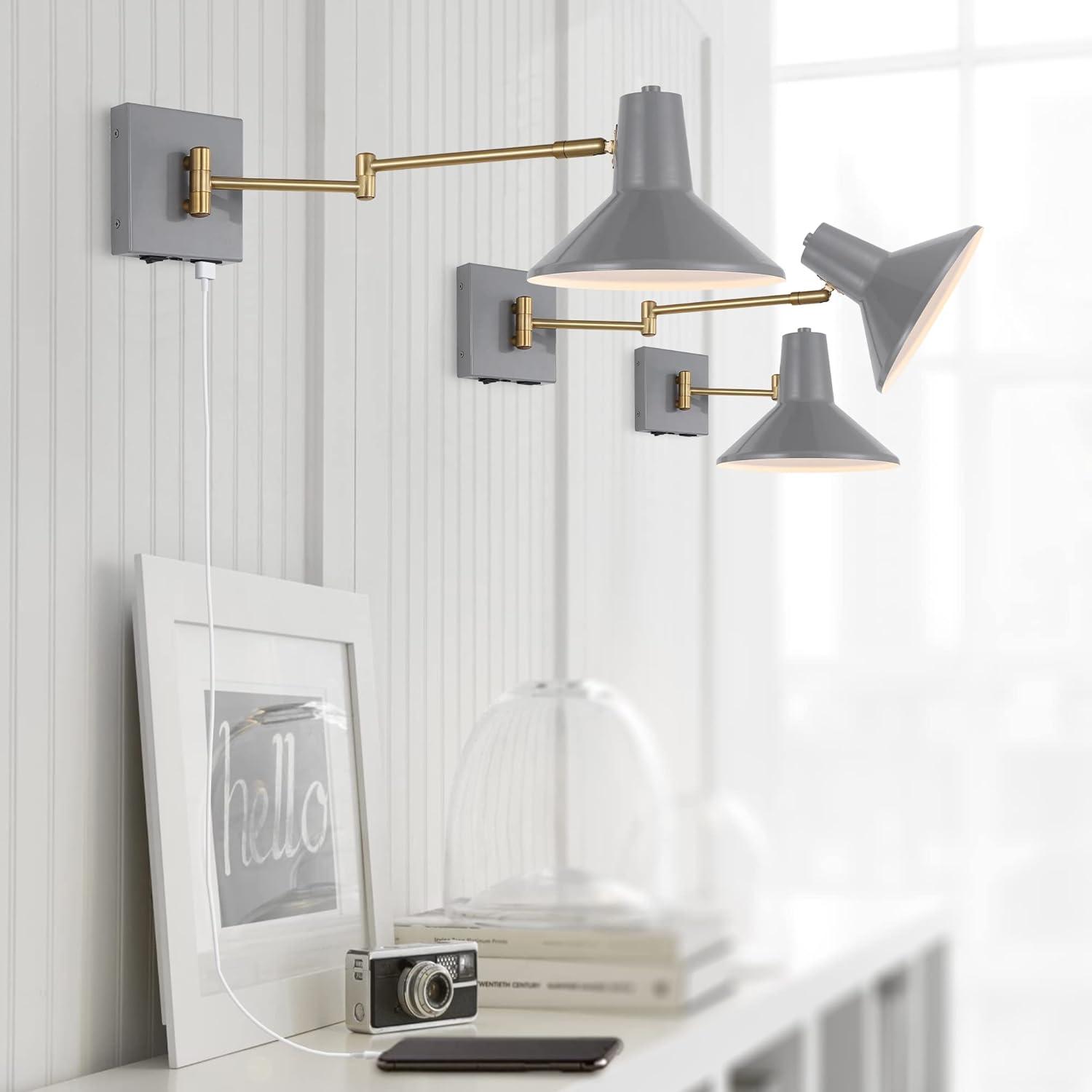 Hygge 16" Swing Arm 1-Light Modern Midcentury Iron USB Charging Port LED Sconce, Grey/Brass Gold