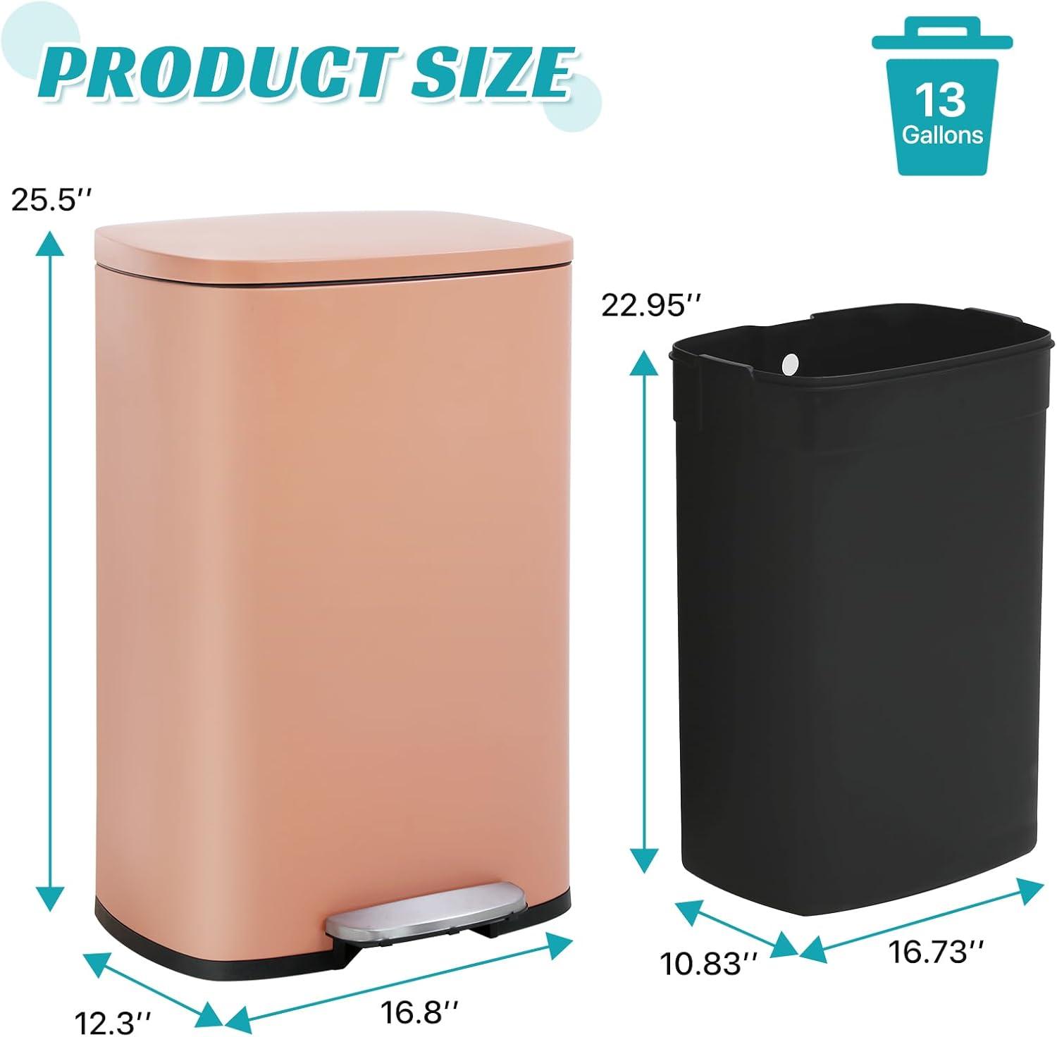 CL.HPAHKL 13 Gallon (50L)Trash Can ,Kitchen Trash Can, Stainless Steel with Lid, Foot Pedal and Inner Bucket, Fingerprint-Resistant Soft Close Lid Garbage Can, Pedal Rubbish Bin for Home Office