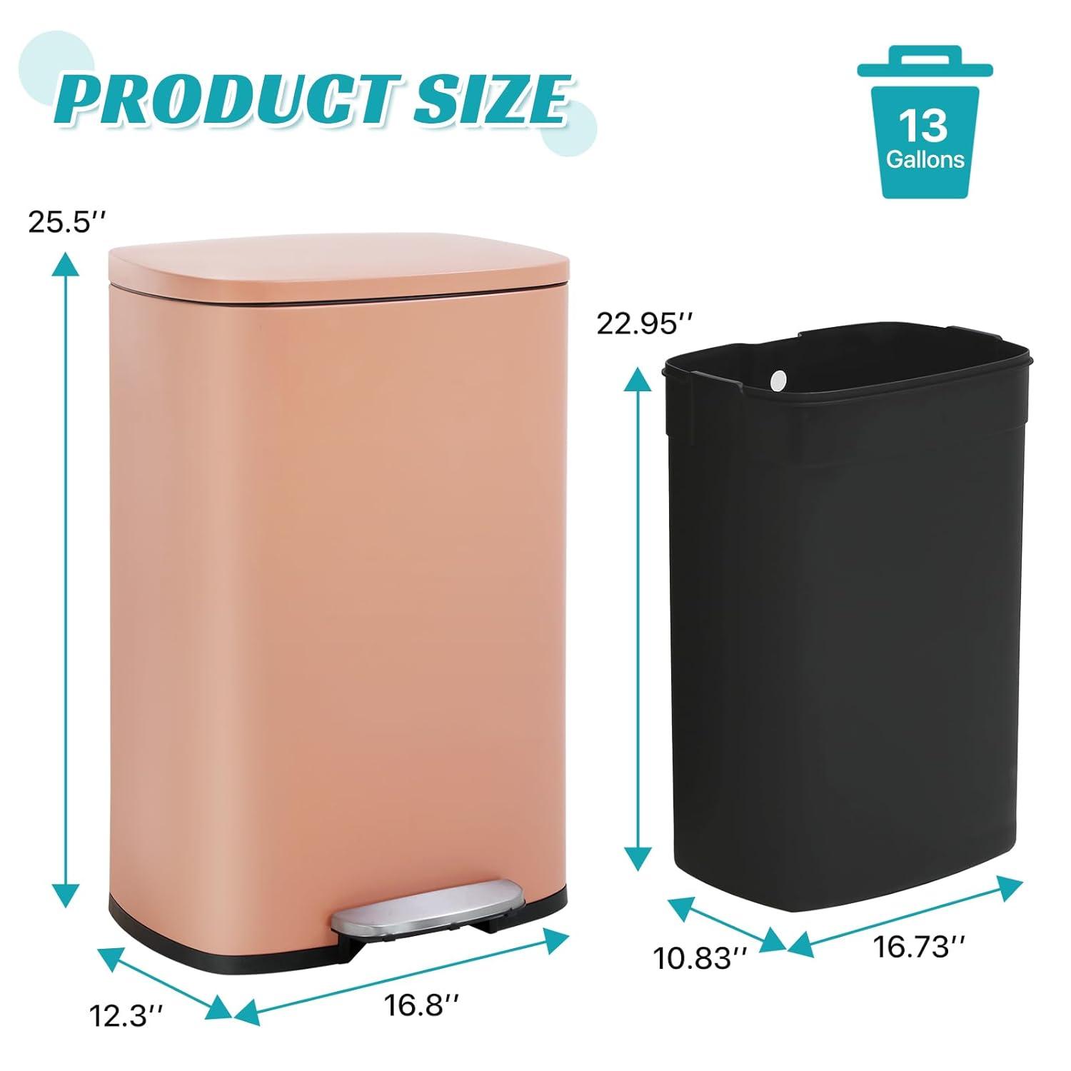 CL.HPAHKL 13 Gallon (50L)Trash Can ,Kitchen Trash Can, Stainless Steel with Lid, Foot Pedal and Inner Bucket, Fingerprint-Resistant Soft Close Lid Garbage Can, Pedal Rubbish Bin for Home Office