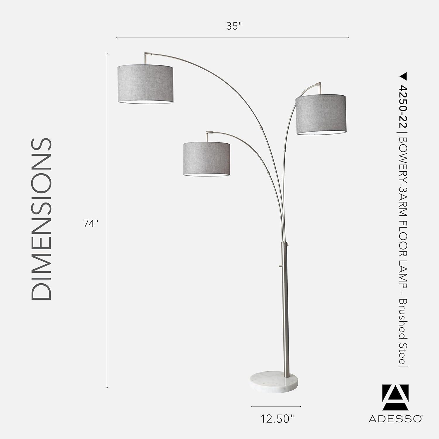3-Arm Bowery Arc Lamp Brushed Steel - Adesso: Adjustable, Overhead Lighting with Marble Base