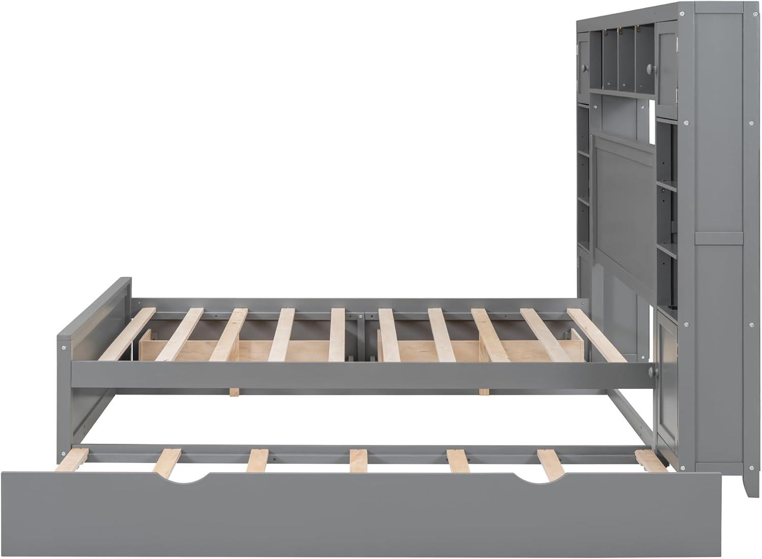 MODERNLUXE Queen Size Bed Frame with Trundle,Solid Wood Platform Bed with 10 Shelves,2 Storage Drawers,4 Cabinets,Charging Station and Bookcase Headboard,No Box Spring Needed/Noise Free,Gray