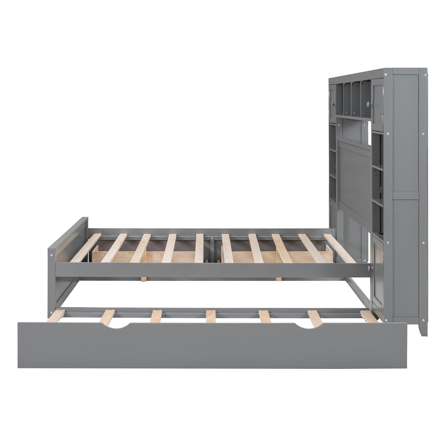 MODERNLUXE Queen Size Bed Frame with Trundle,Solid Wood Platform Bed with 10 Shelves,2 Storage Drawers,4 Cabinets,Charging Station and Bookcase Headboard,No Box Spring Needed/Noise Free,Gray