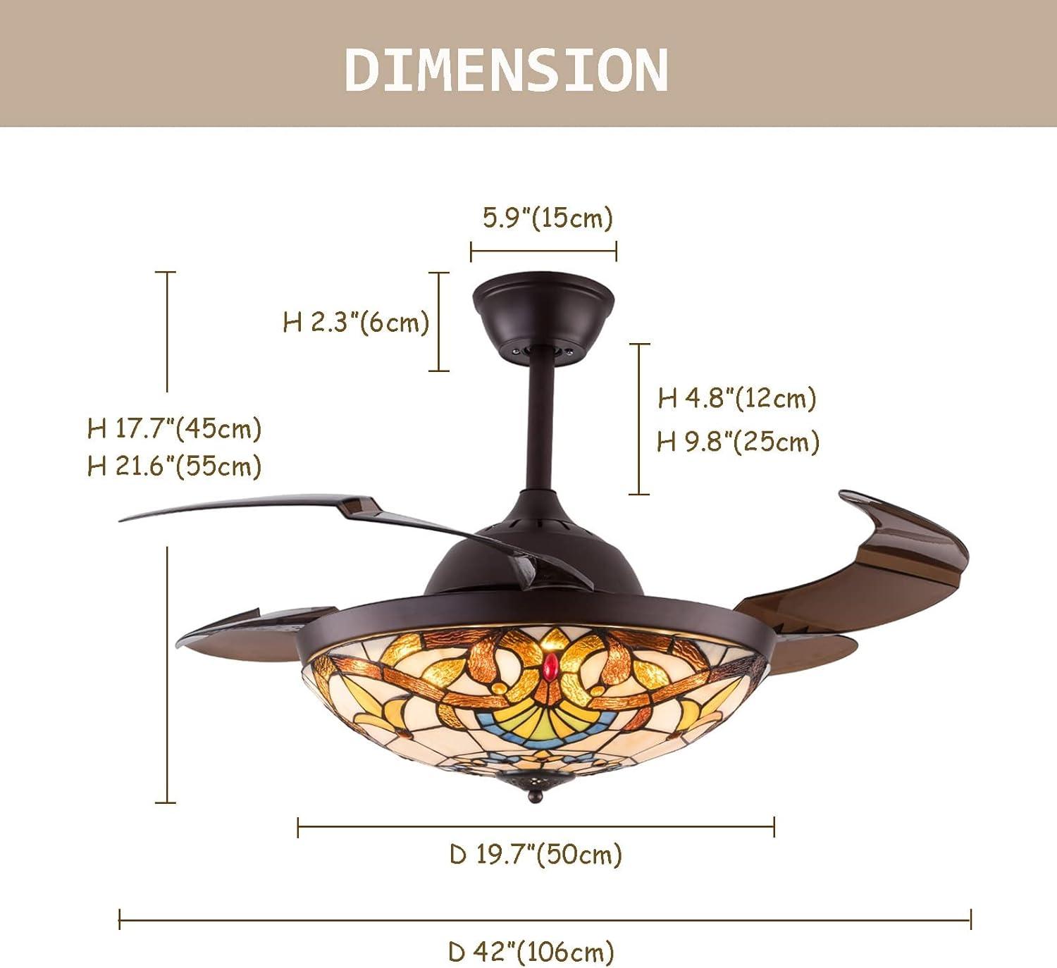 FETCOI 42"Tiffany Style Invisible Ceiling Fan with Lights and Remote Control Retractable Reverse Blades