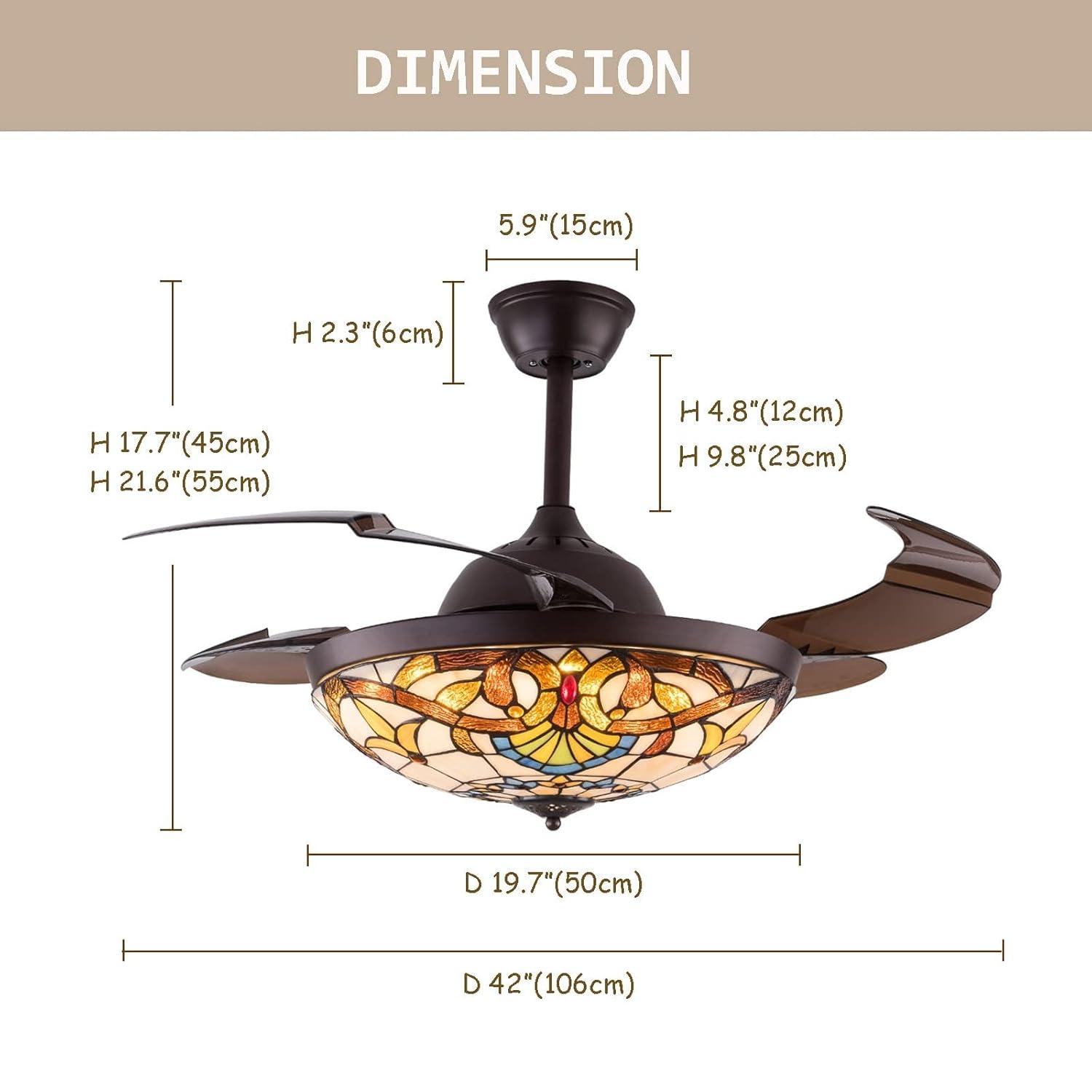 FETCOI 42"Tiffany Style Invisible Ceiling Fan with Lights and Remote Control Retractable Reverse Blades