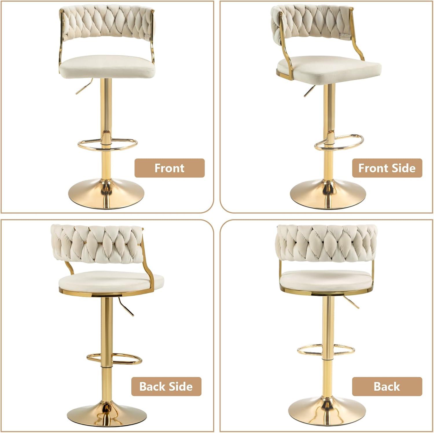 Costway Swivel Velvet Bar Stools Set of 2 Upholstered Adjustable with Woven Backrest Grey/Beige/Yellow