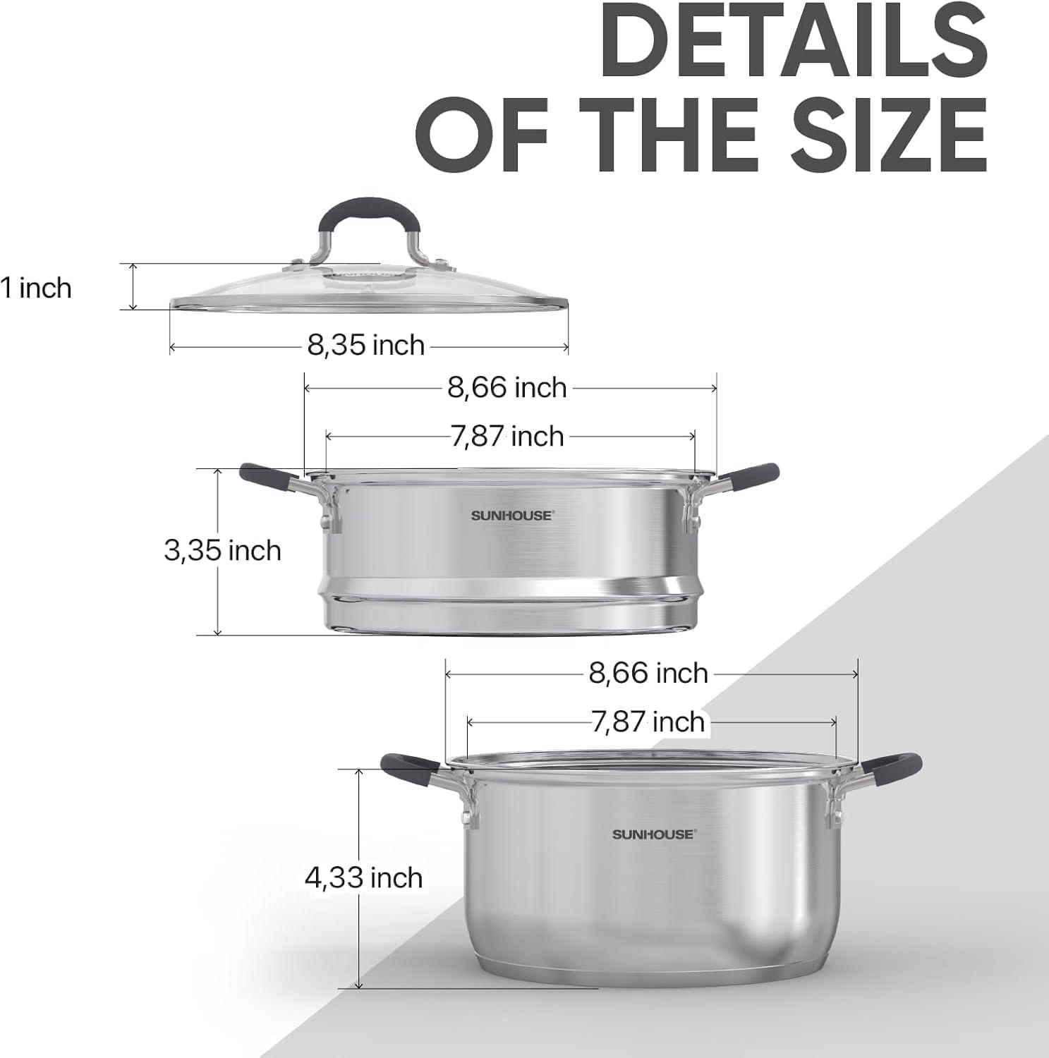 Sunhouse - 3.1 Quarts Steamer Pots With Lid 2-Tier Multipurpose Stainless Steel Steaming Pot Cookware For Vegetable, Dumpling, Sauce, Food - Triple Bottom, Measurement Line
