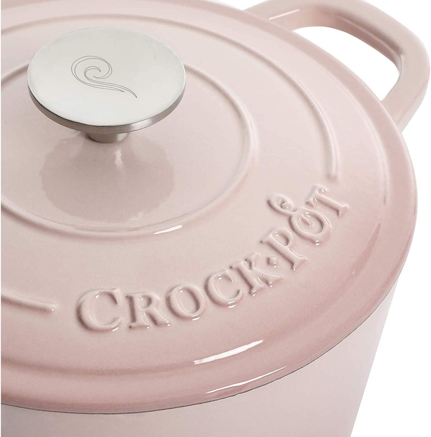 Crock-Pot 5 Quart Round Enamel Cast Iron Covered Dutch Oven Cooker, Blush Pink