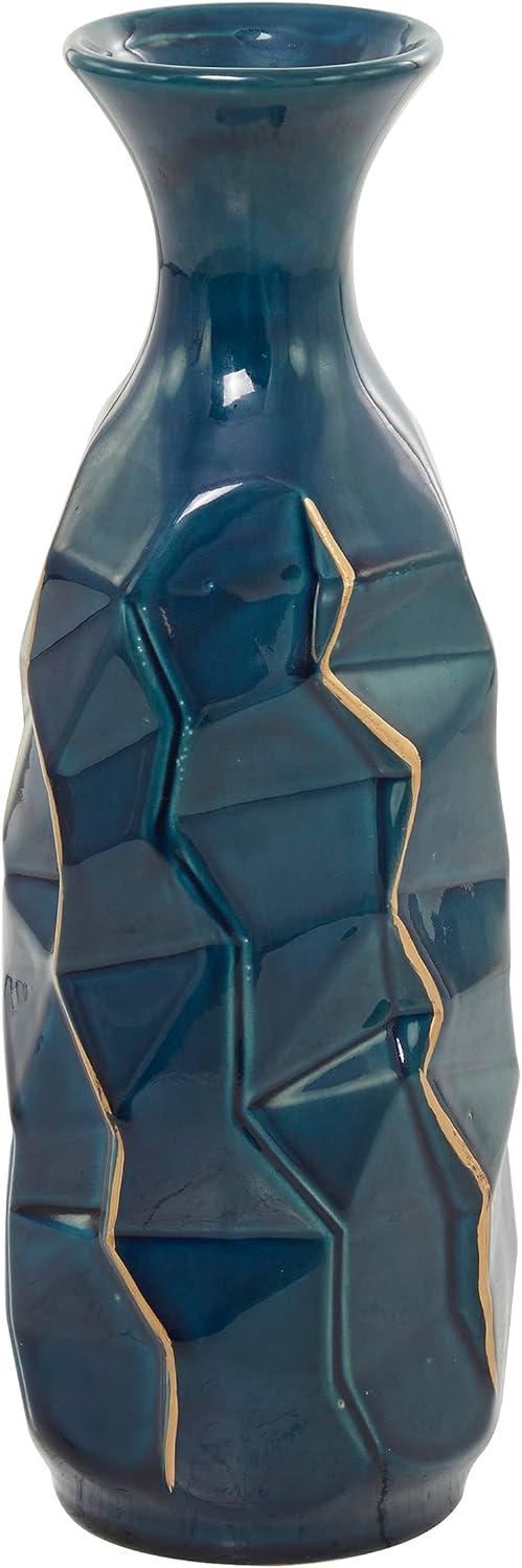 DecMode Blue Ceramic Modern and Coastal Vase 5"W x 15"H, featuring Minimalist Design with clean Lines and Angular Structures