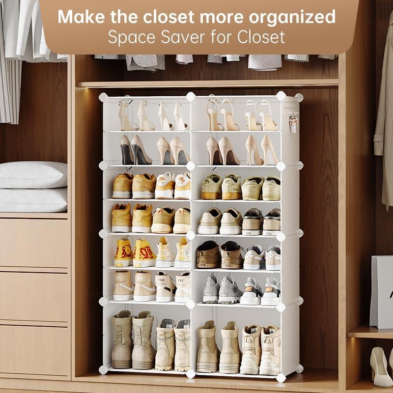 Shoe Rack, 8 Tier Shoe Storage Cabinet with Door, 32 Pair Shoe Organizer Shelves for Closet Hallway Bedroom Entryway, White
