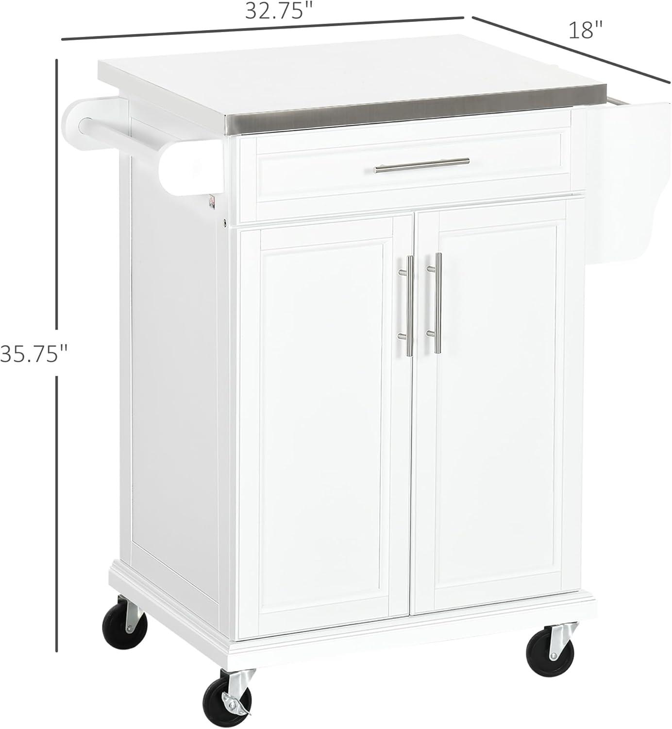 Qumbnk Stainless Steel Top Kitchen Cart with Wheels and Drawer, Modern Rolling Kitchen Island with Towel Rack and Spice Rack, White