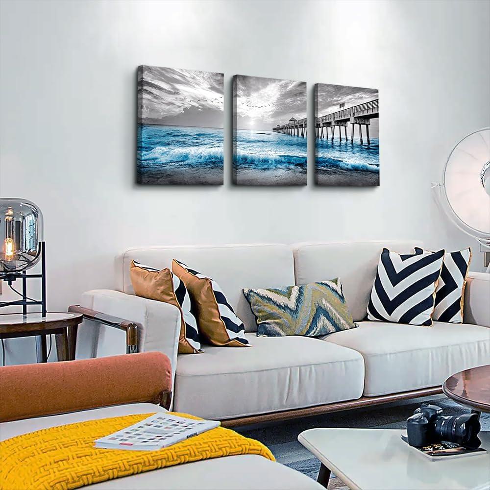 Large Framed Blue Ocean Pier Canvas Wall Art Set