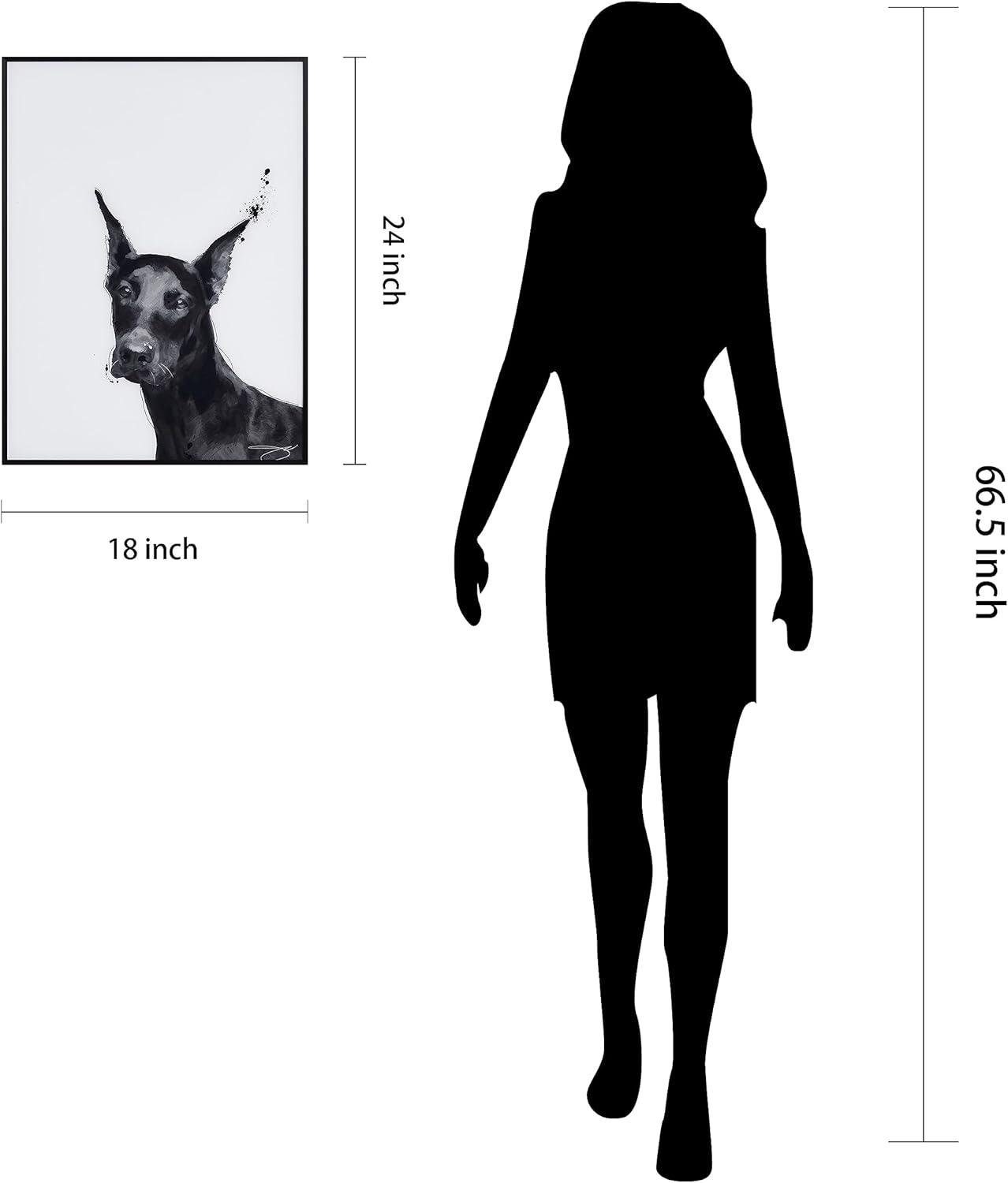 "Doberman" Black and White Pet Paintings on Printed Glass Encased with a Gunmetal Anodized Frame