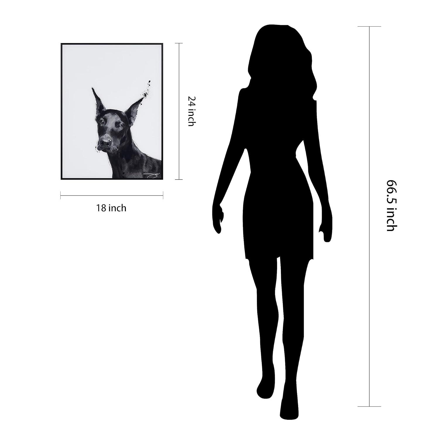 "Doberman" Black and White Pet Paintings on Printed Glass Encased with a Gunmetal Anodized Frame