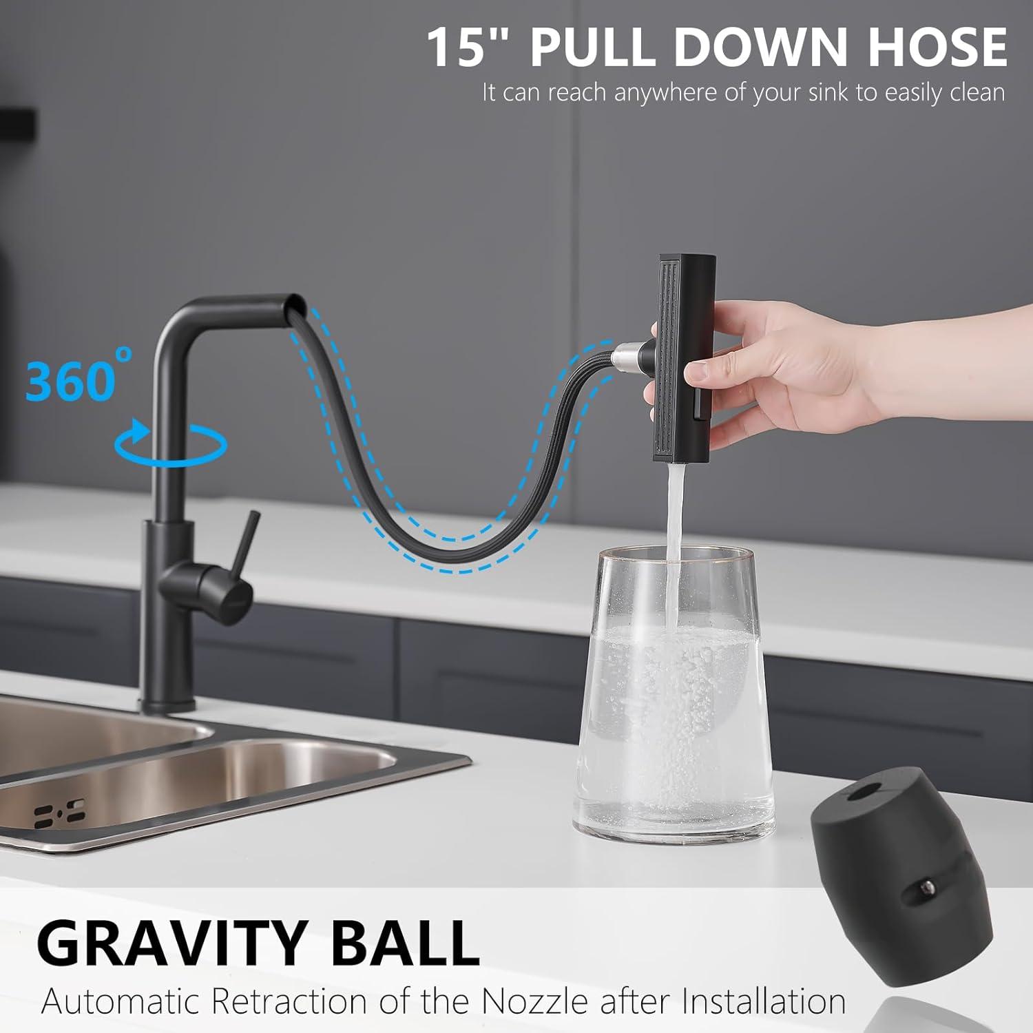 Waterfall Kitchen Faucet,Matte Black Kitchen Faucet with Pull Down Sprayer,Faucets for Kitchen Sink,Single Handle Kitchen Faucet Stainless Steel,Pull Out Sprayer Kitchen Faucets