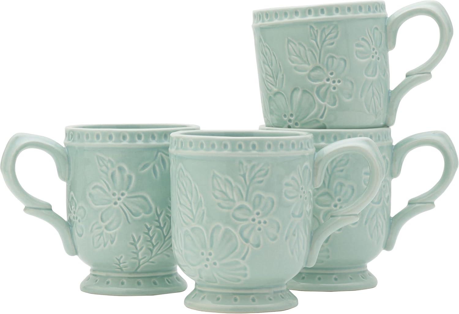 Blue Ceramic Floral Etched 12 Oz Mug Set of Four