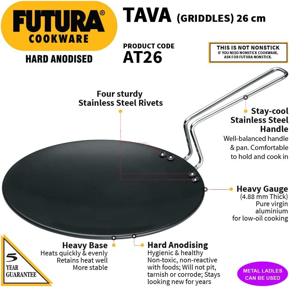 Hawkins Futura Hard Anodized Concave Tava Griddle with Steel Handle: Gas Compatible, Aluminum Surface, Hand Wash