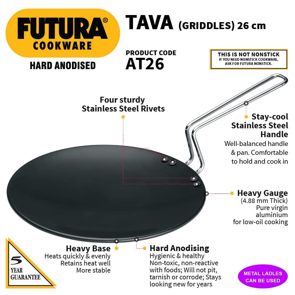 Hawkins Futura Hard Anodized Concave Tava Griddle with Steel Handle: Gas Compatible, Aluminum Surface, Hand Wash