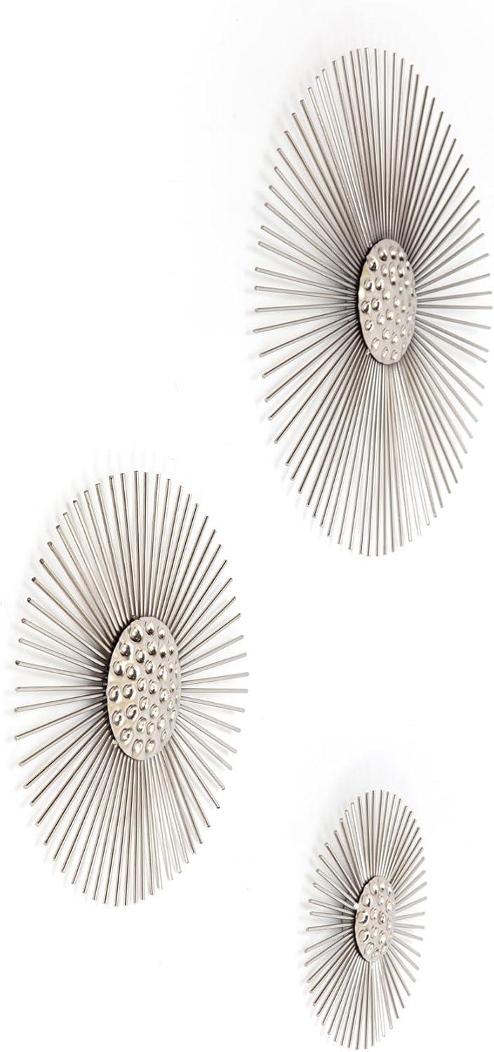 Brewster (Set of 3) Sola Silver Starburst Metal Wall Arts: Iron Sunburst Medallions, Modern Decor