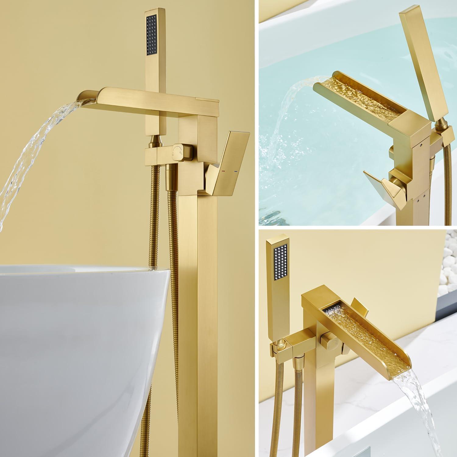 AlenArtWater Waterfall Tub Filler Freestanding Bathtub Faucet Floor Mount Brass Single Handle Bathroom Faucets with Hand Shower 94-LJQKCZ