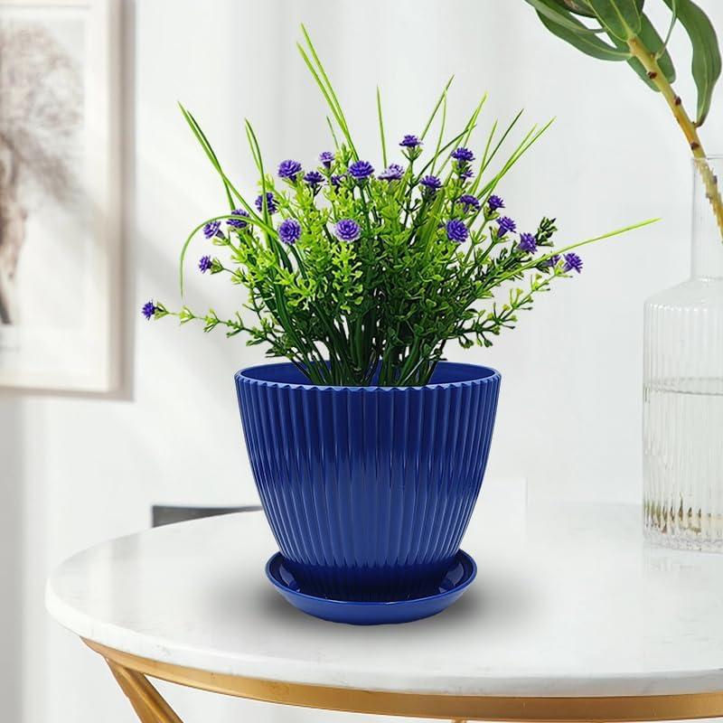 Dark Blue Round Plastic Indoor/Outdoor Plant Pots with Saucers, Set of 6