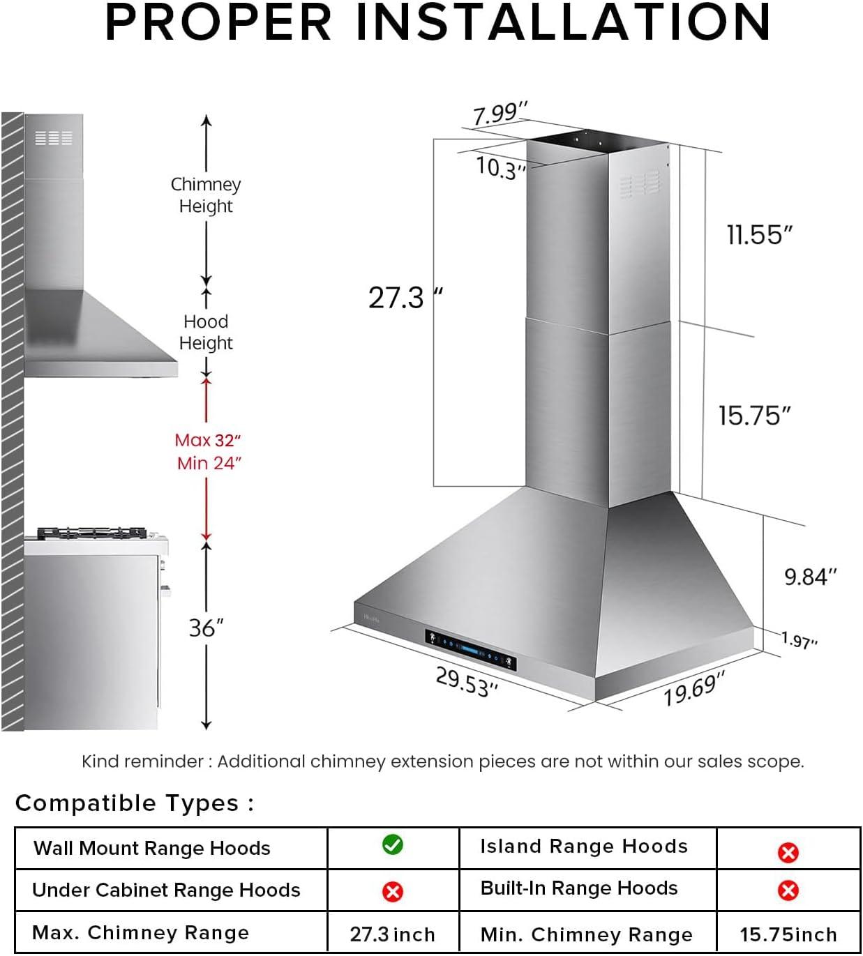 HisoHu Wall Mount Range Hood with Ducted/Ductless Convertible Duct, 30 Inch 780 CFM Stainless Steel Vent Hood, 4 Speed Gesture Sensing Exhaust Hood with Dimmable LED lights(A02-30")