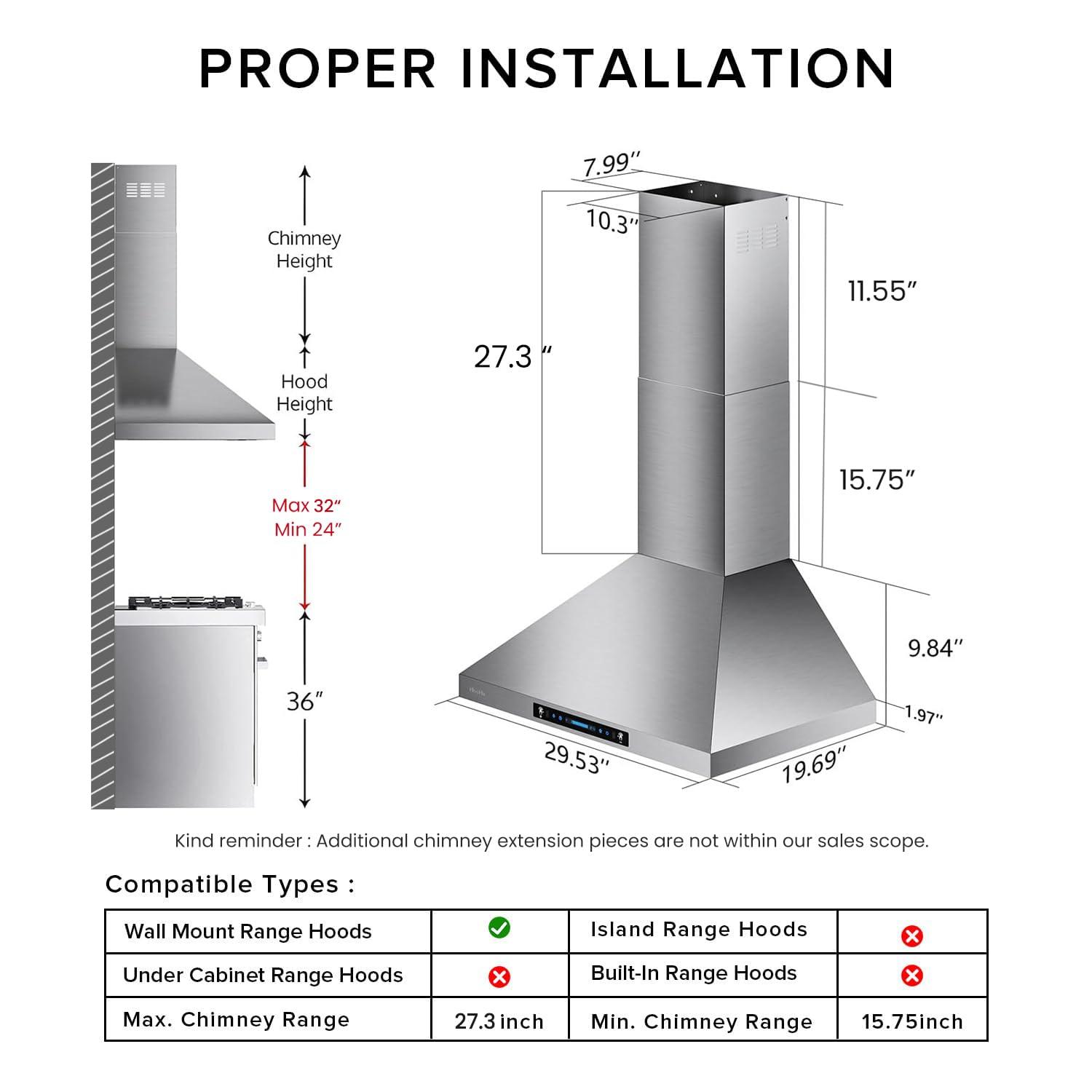 HisoHu Wall Mount Range Hood with Ducted/Ductless Convertible Duct, 30 Inch 780 CFM Stainless Steel Vent Hood, 4 Speed Gesture Sensing Exhaust Hood with Dimmable LED lights(A02-30")