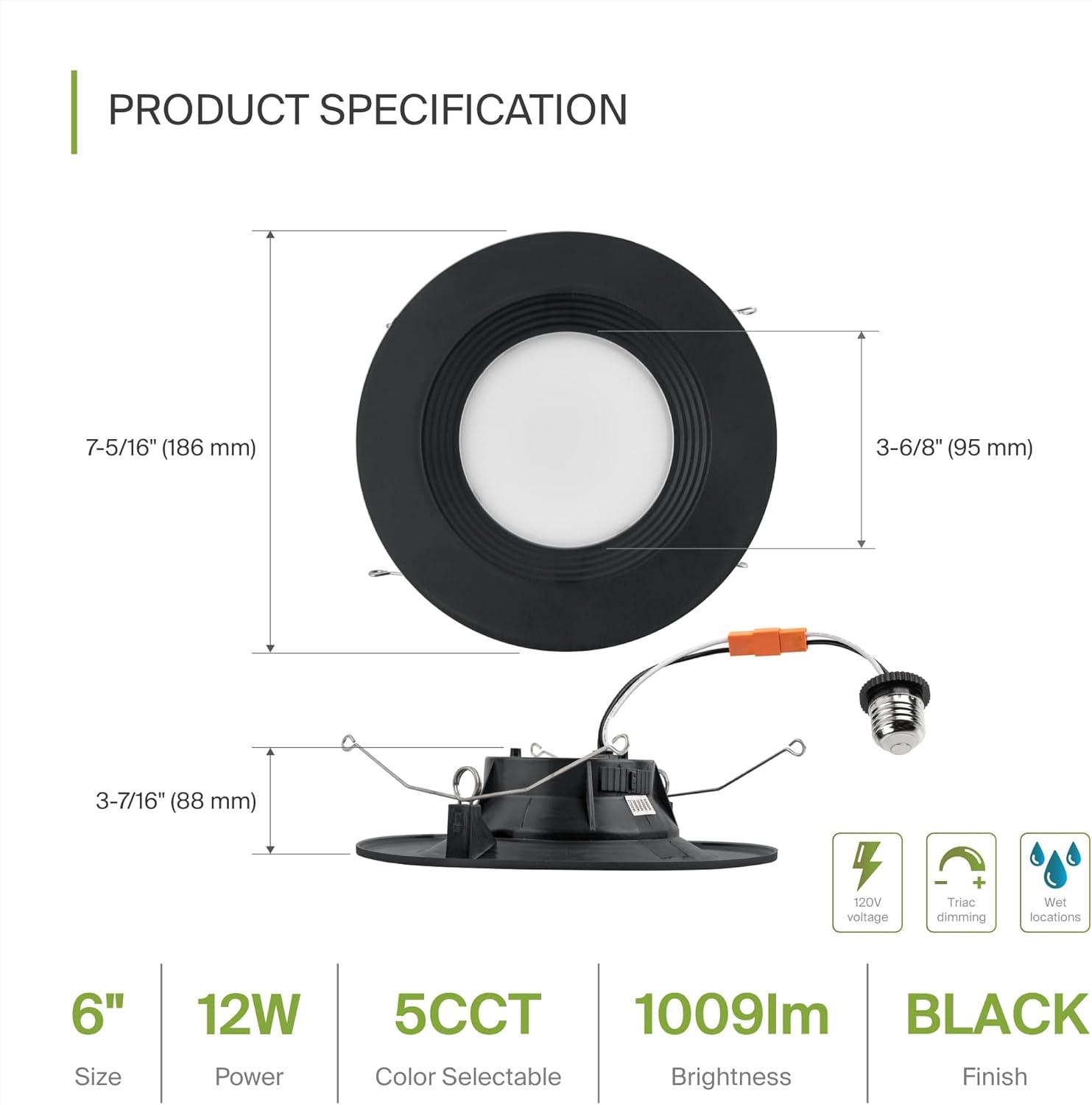 Black 6-Inch LED Recessed Lighting with Adjustable Color Temperature