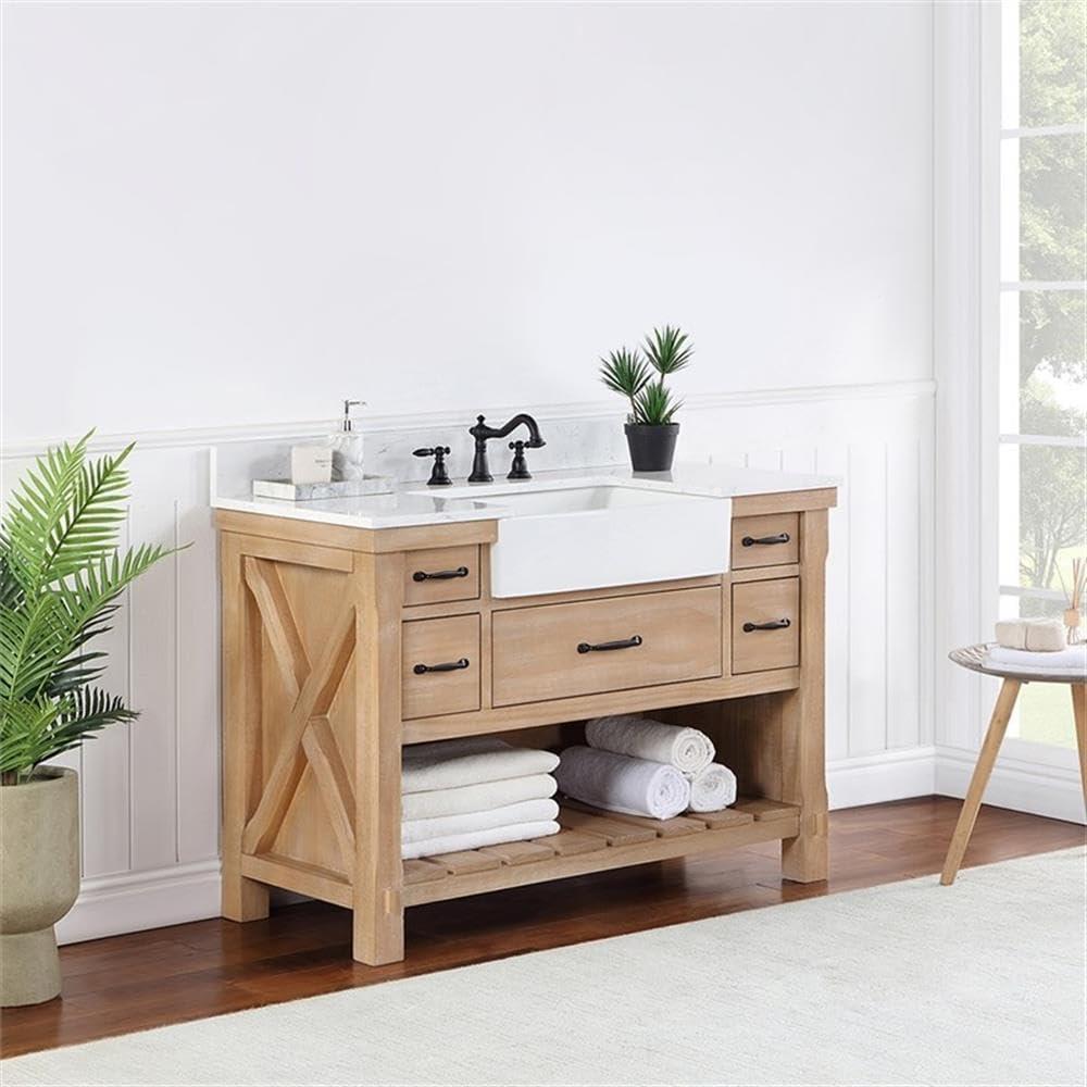 Villareal 48" Single Bath Vanity in Weathered Pine Wood & White Farmhouse Basin