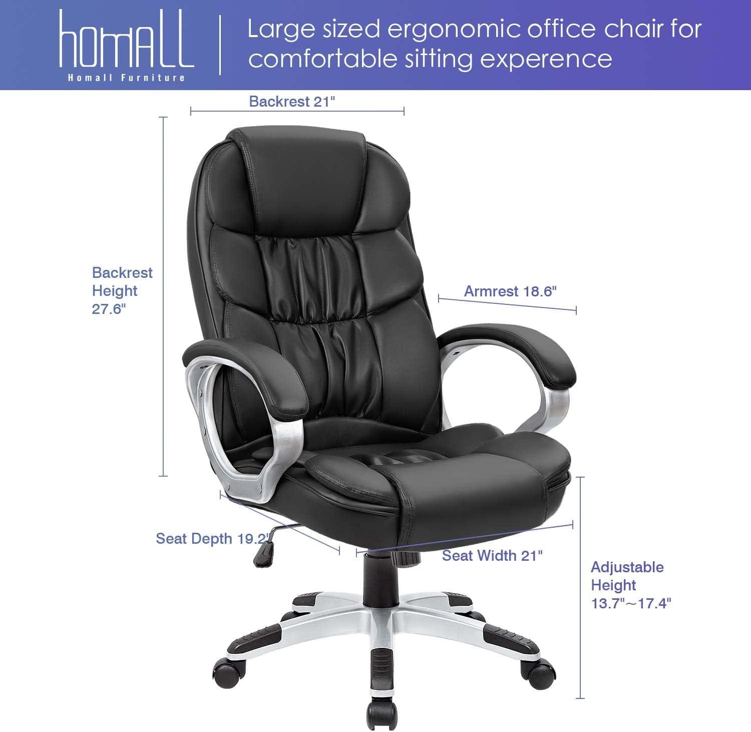 Office Chair High Back Computer Desk Chair, PU Leather Adjustable Height Modern Executive Swivel Task Chair with Padded Armrests and Lumbar Support (Black)