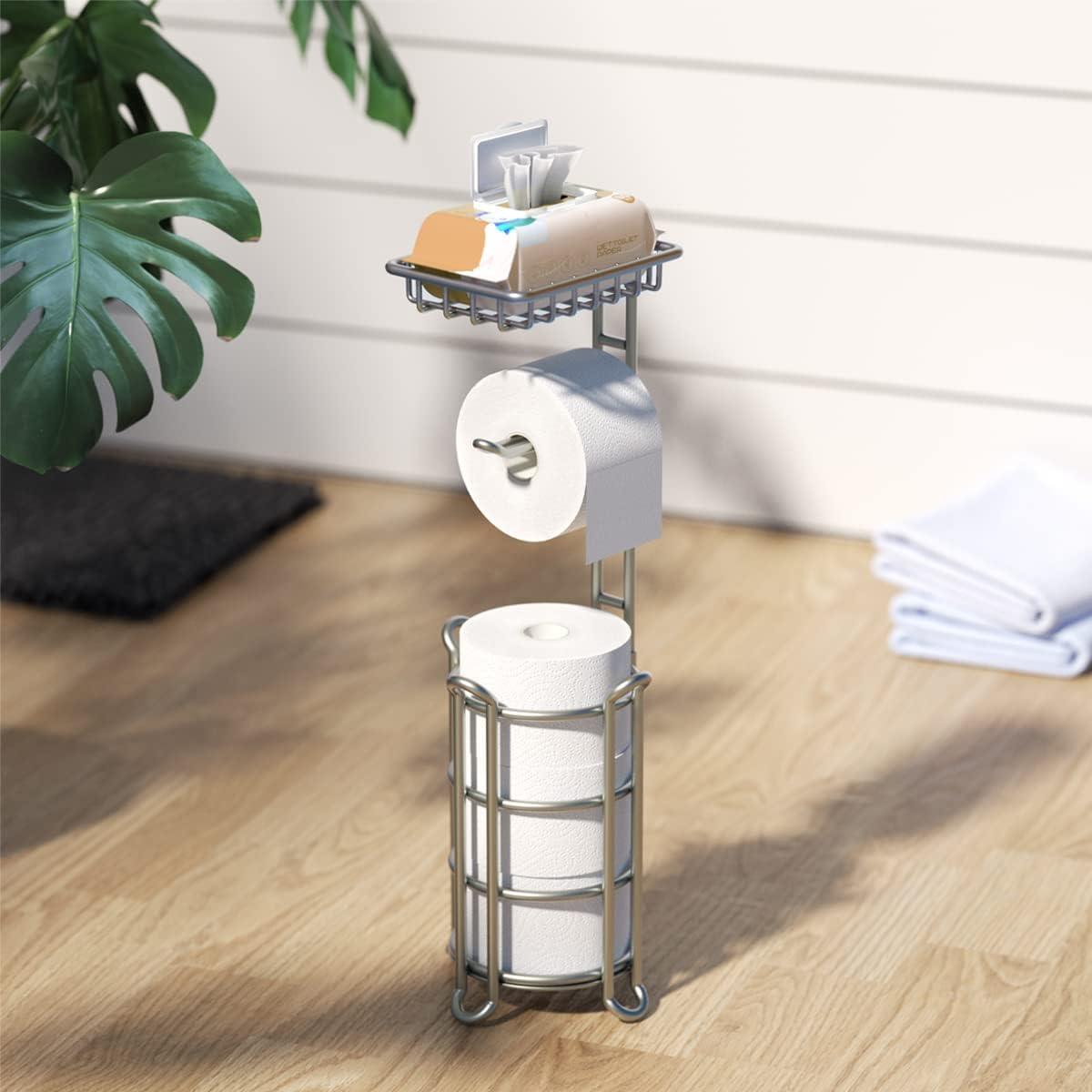 Silver Freestanding Toilet Paper Holder with Extra Storage Shelf