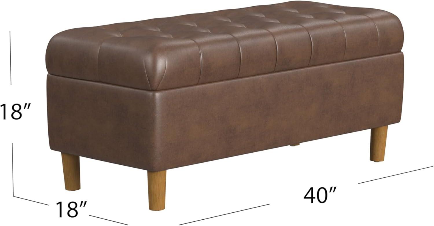 Button Tufted Storage Bench with Cone Wood Legs Faux Leather Brown - HomePop: Hinged Lid, Easy Access