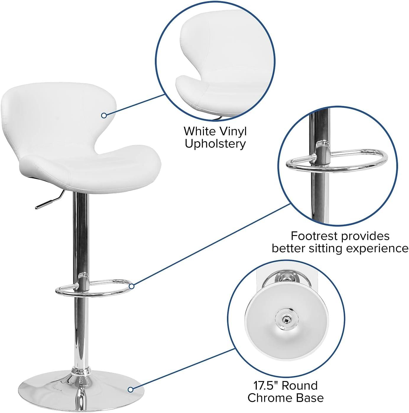 Flash Furniture Contemporary White Vinyl Adjustable Height Barstool with Curved Back and Chrome Base