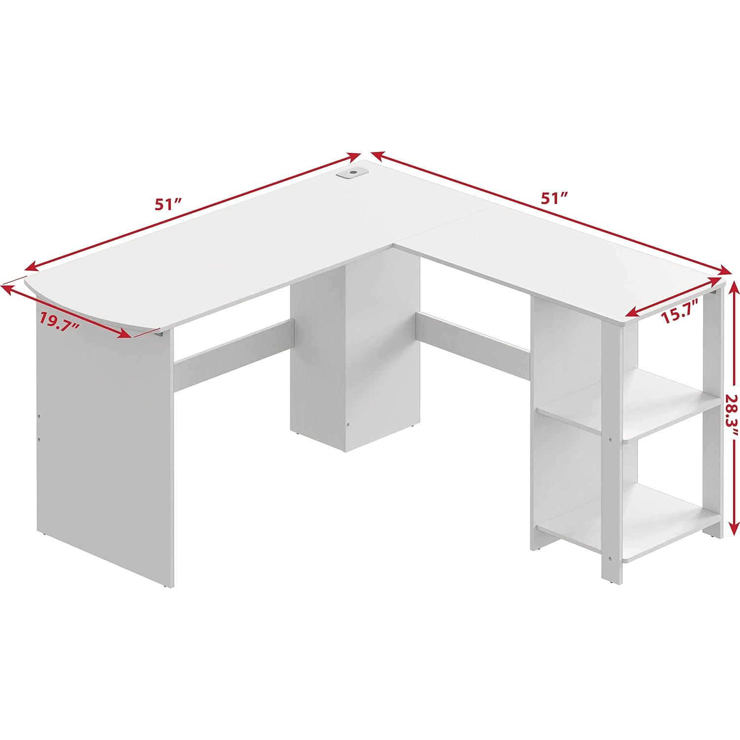 SHW 51 x 51 Inches L-Shaped Home Office Wood Corner Desk wtih Storage, White