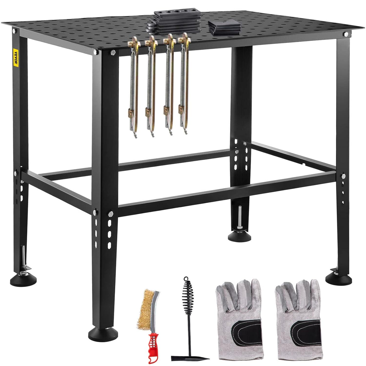 VEVOR Welding Table, 36" x 24" Adjustable Workbench, 0.12" Thick Industrial, 600lb Load Capacity, Heavy Duty Carbon Steel, Gray Steel With Accessories