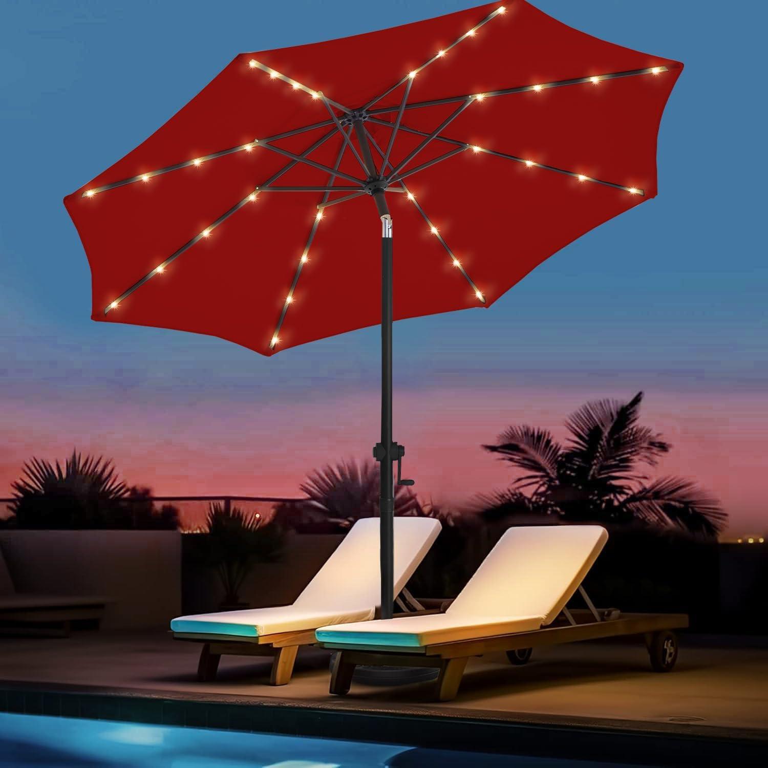 JEAREY Upgrade 9FT LED Lighted Patio Umbrella, Solar Outdoor Umbrella, Tilt Table Umbrella for Pool, Deck & Yard (Red)