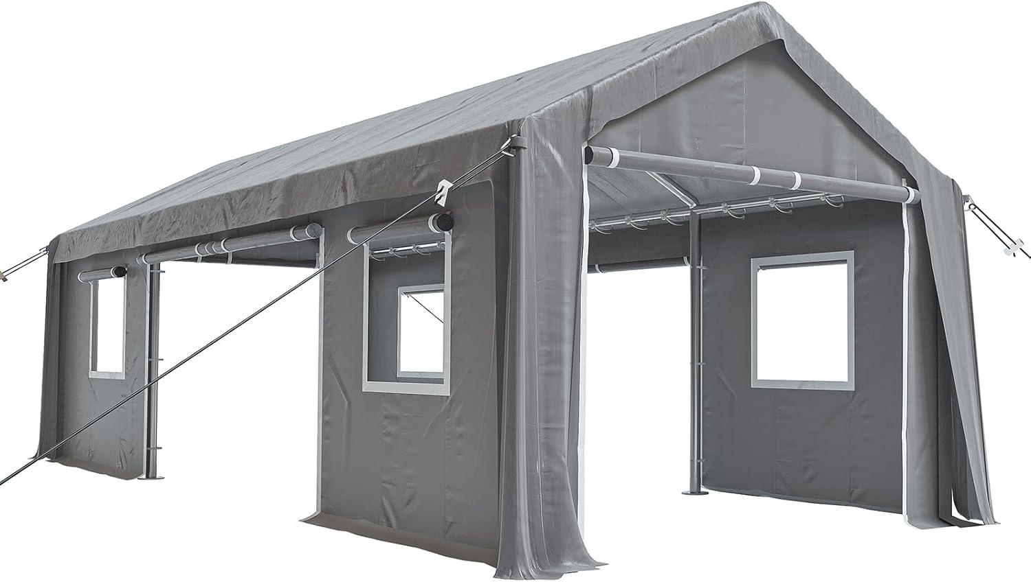 Gray 12' x 20' Portable Metal Carport with Windows