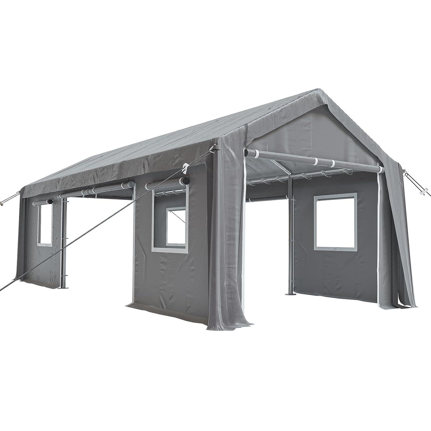 Carport 10'x20' Heavy Duty Carport Canopy Portable Garage 4 Roll-Up Doors & 4 Windows Waterproof All-Season Outdoor Storage Shed for Car Truck Boat, Gray
