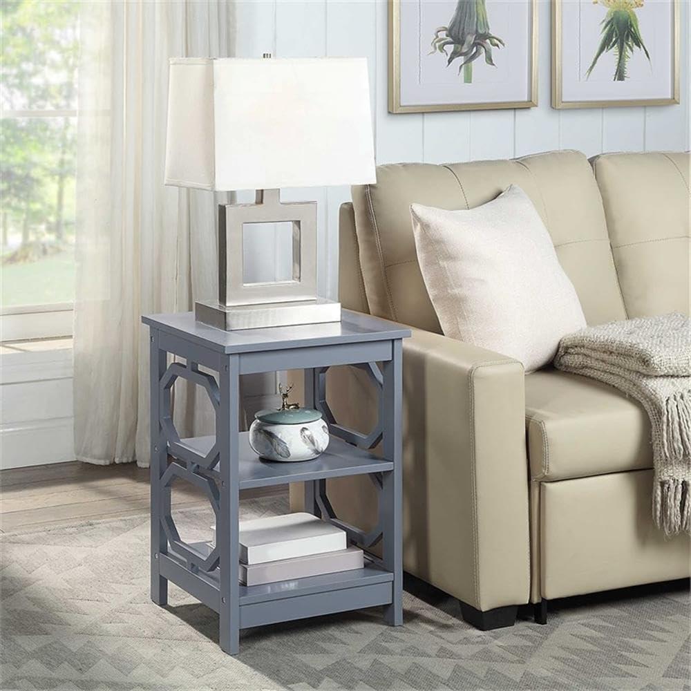 Gray Round Wood End Table with Shelves