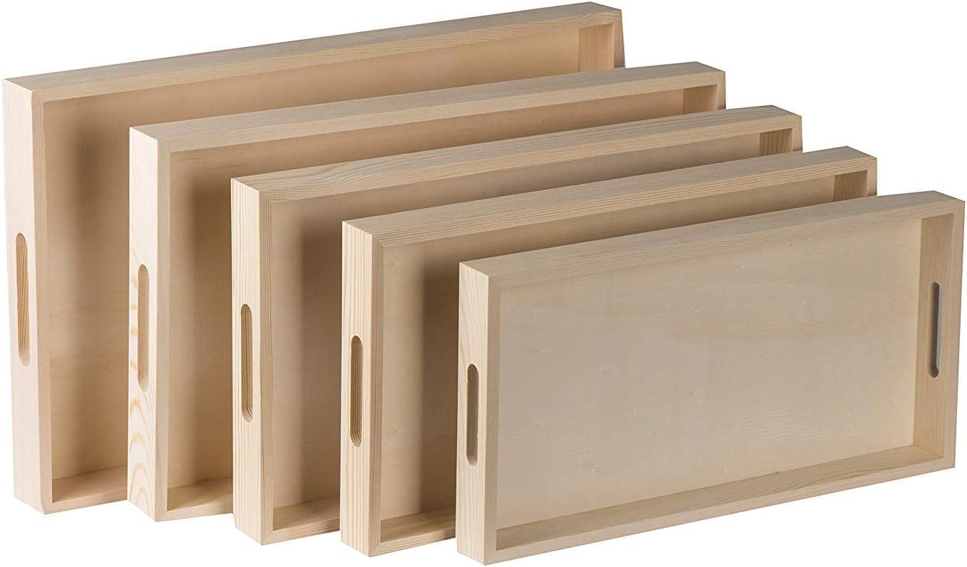 Natural Wood Rectangular Nested Serving Trays with Handles, Set of 5