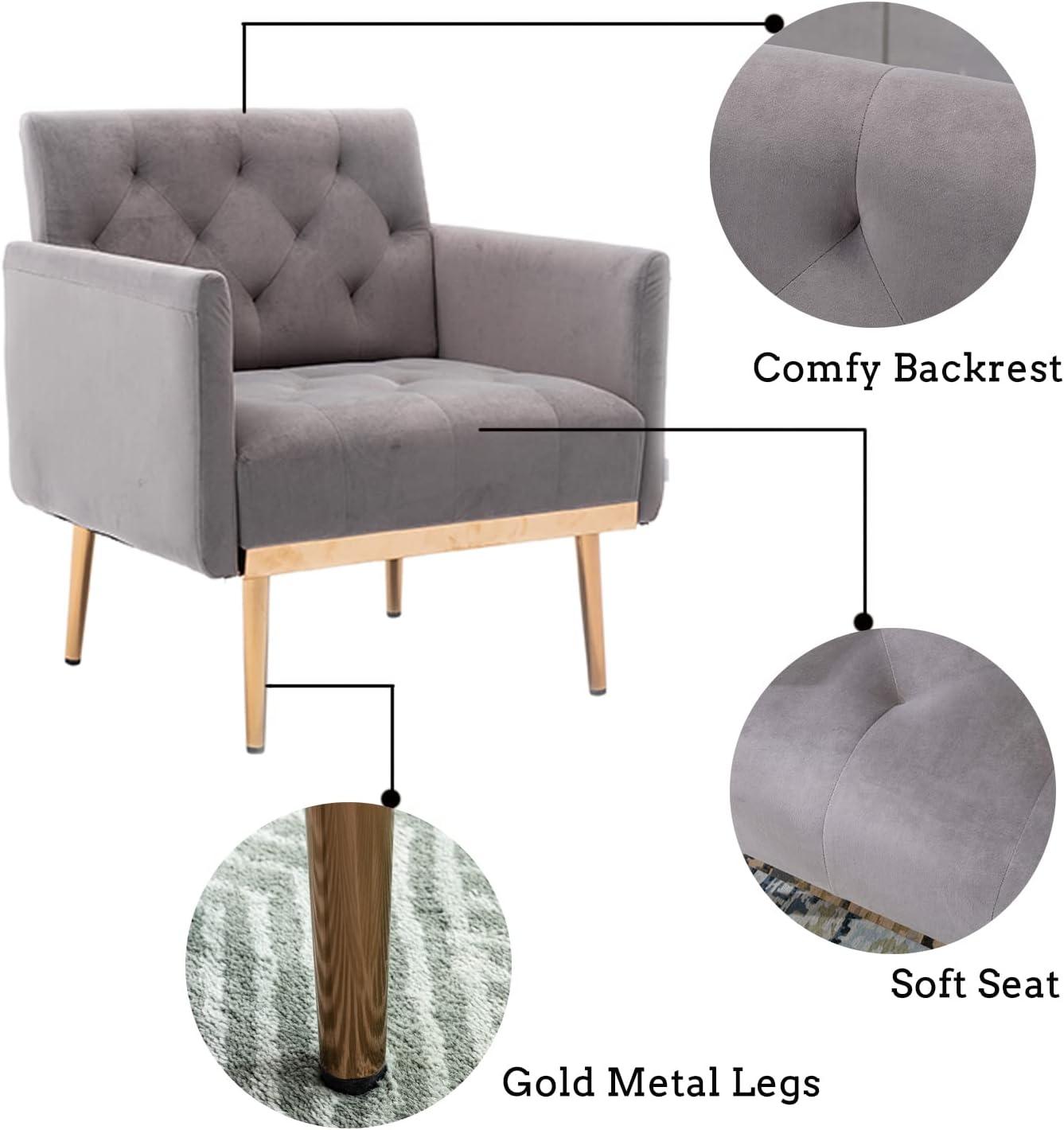 Velvet Accent Chair, Modern Wide Seat Single Sofa Armchair with Gold Metal Legs, Upholstered Button Tufted Reading Chair Club Chair for Living Room Bedroom Apartment, Gray