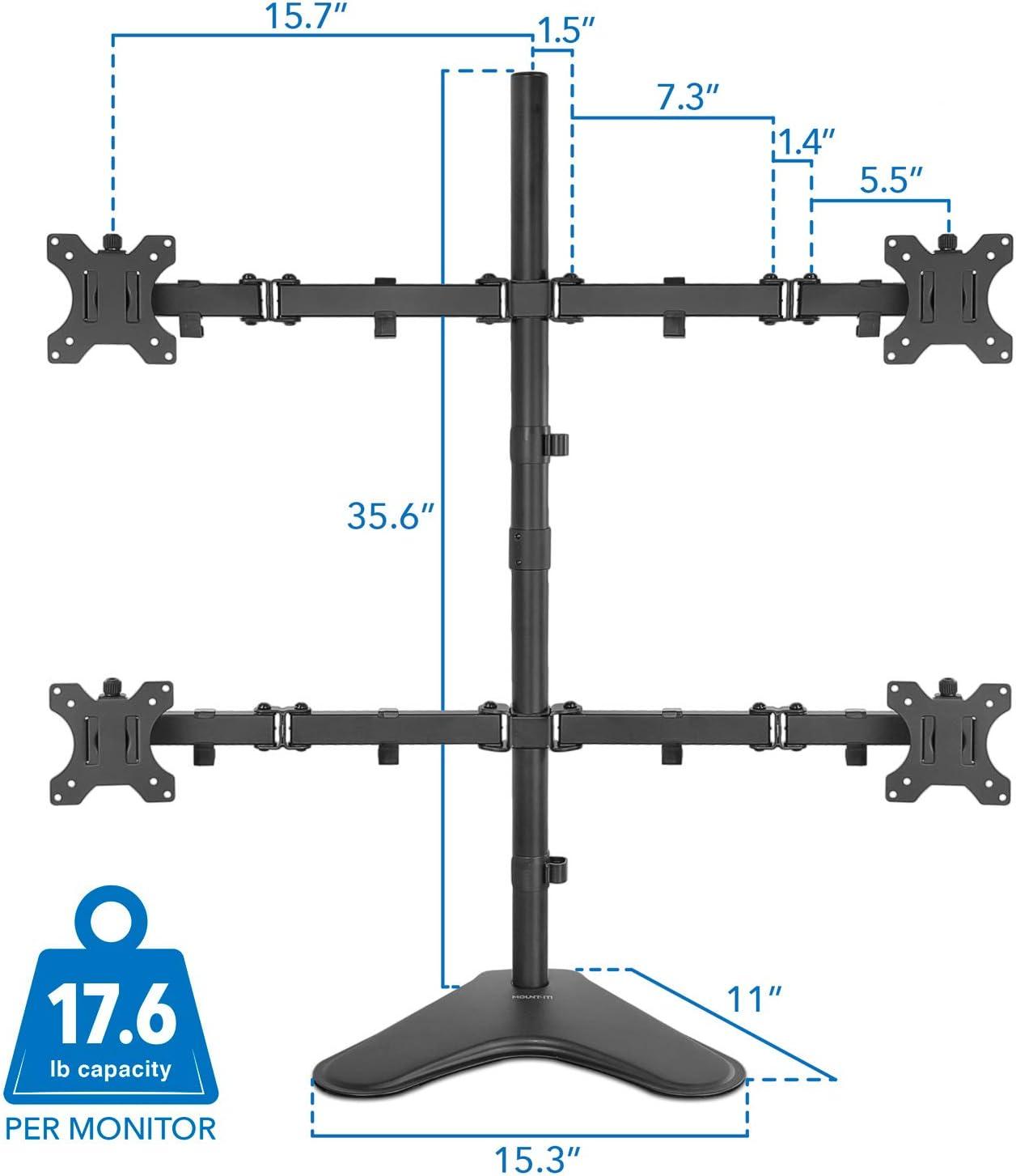 Mount-It! Quad Monitor Stand, Height Adjustable Free Standing 4 Screen Mount Fits Monitors up to 32 Inches, Black, Steel