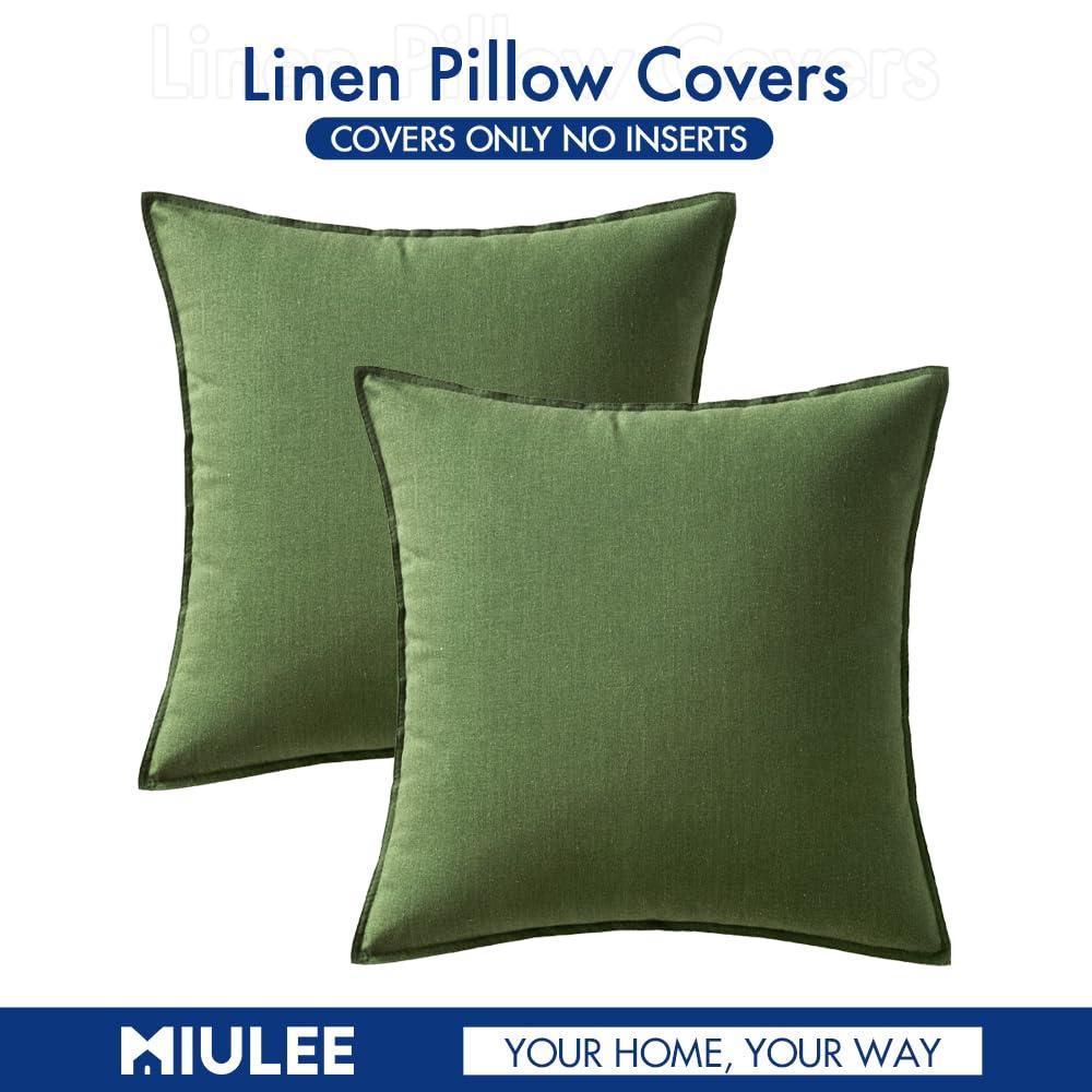 MIULEE Pack of 2 Decorative Linen Pillow Covers 18x18 Inch Olive Green Farmhouse Soild Neutral Throw Pillow Covers Soft Accent Decorative Pillowcases Home Decors for Couch Sofa Bed Living Room