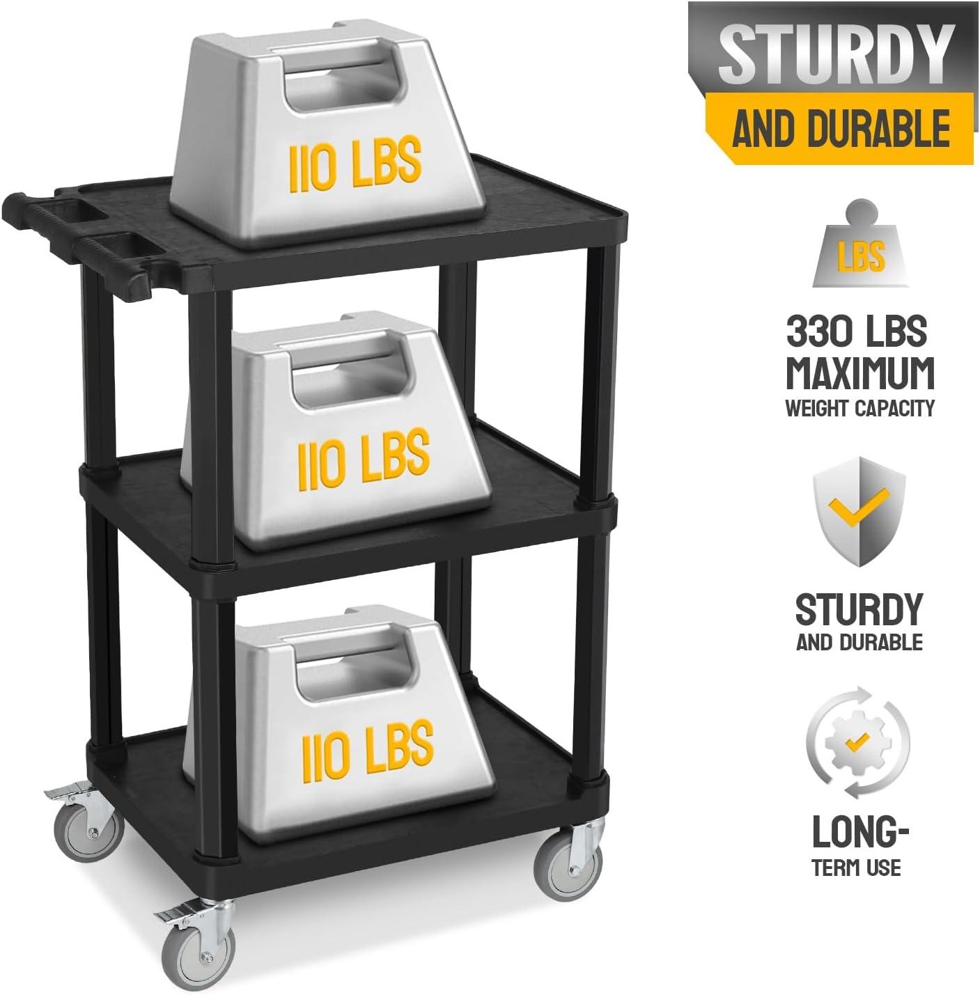 Black 3-Tier HDPE Utility Cart with Lockable Wheels