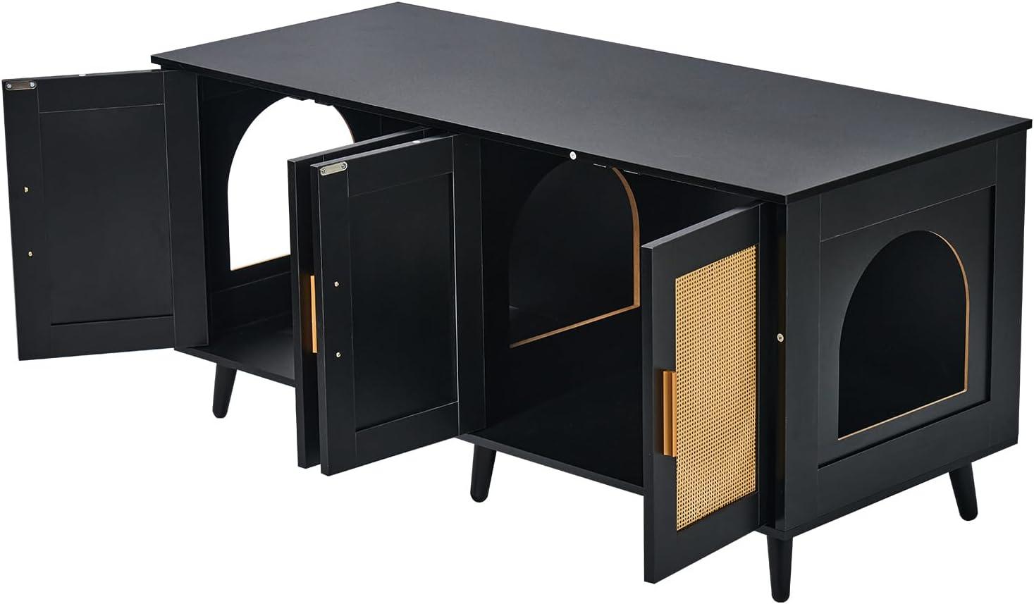 VEVOR Cat Litter Box Enclosure for 2 Cats, Litter Box Furniture Hidden with Rattan Decorated Doors, Wooden Cat Box Cabinet, Black