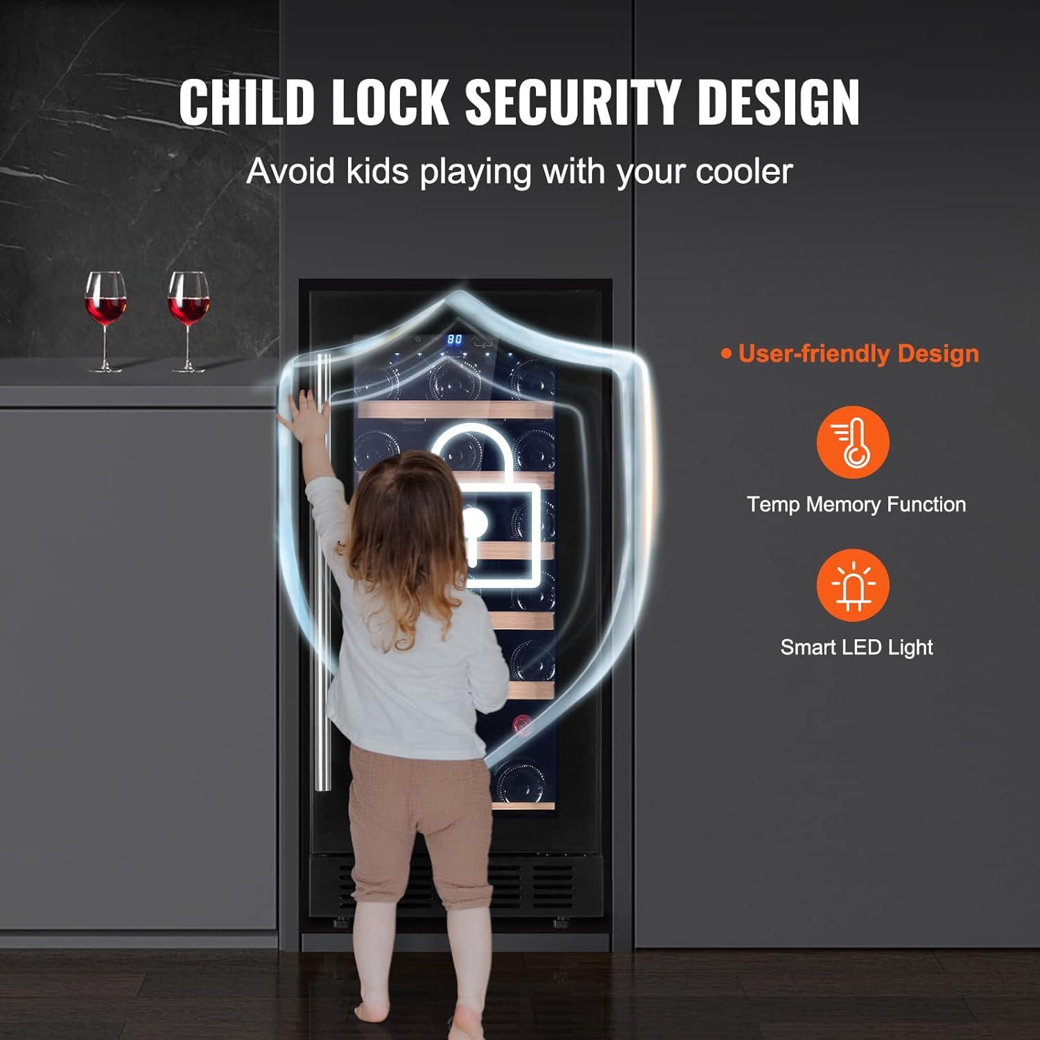 VEVOR Wine Cooler, 30 Bottles Capacity Under Counter Built-in or Freestanding Wine Refrigerator, Beverage Cooler with Blue LED Light, Single Door, Child Lock for Drink Beer Soda Wine Water, ETL Listed