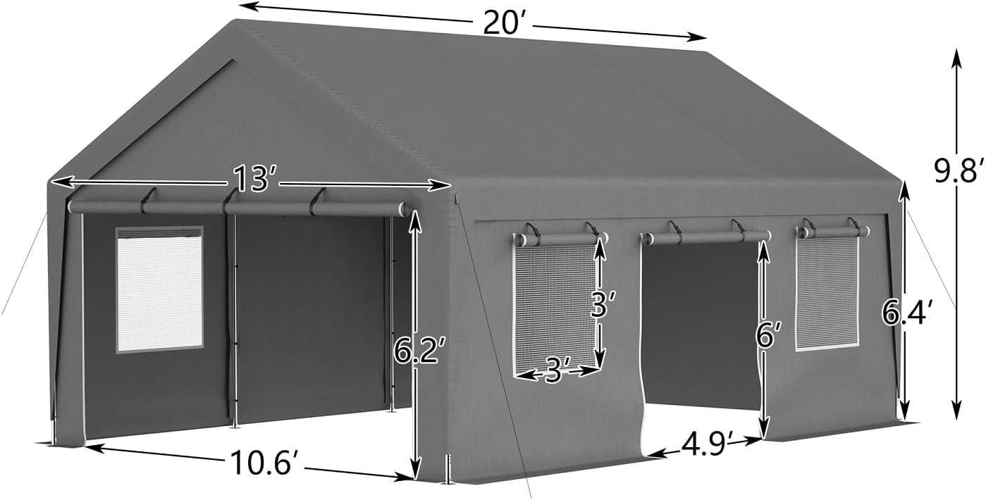 LZBEITEM Carport, 13' x 20' Heavy Duty Carport with Roll-up Sidewall and Ventilated Windows, Portable Outdoor Garage for Car, Truck, SUV, Boat, Car Canopy with All-Season Tarp, Gray, Height 9.8'